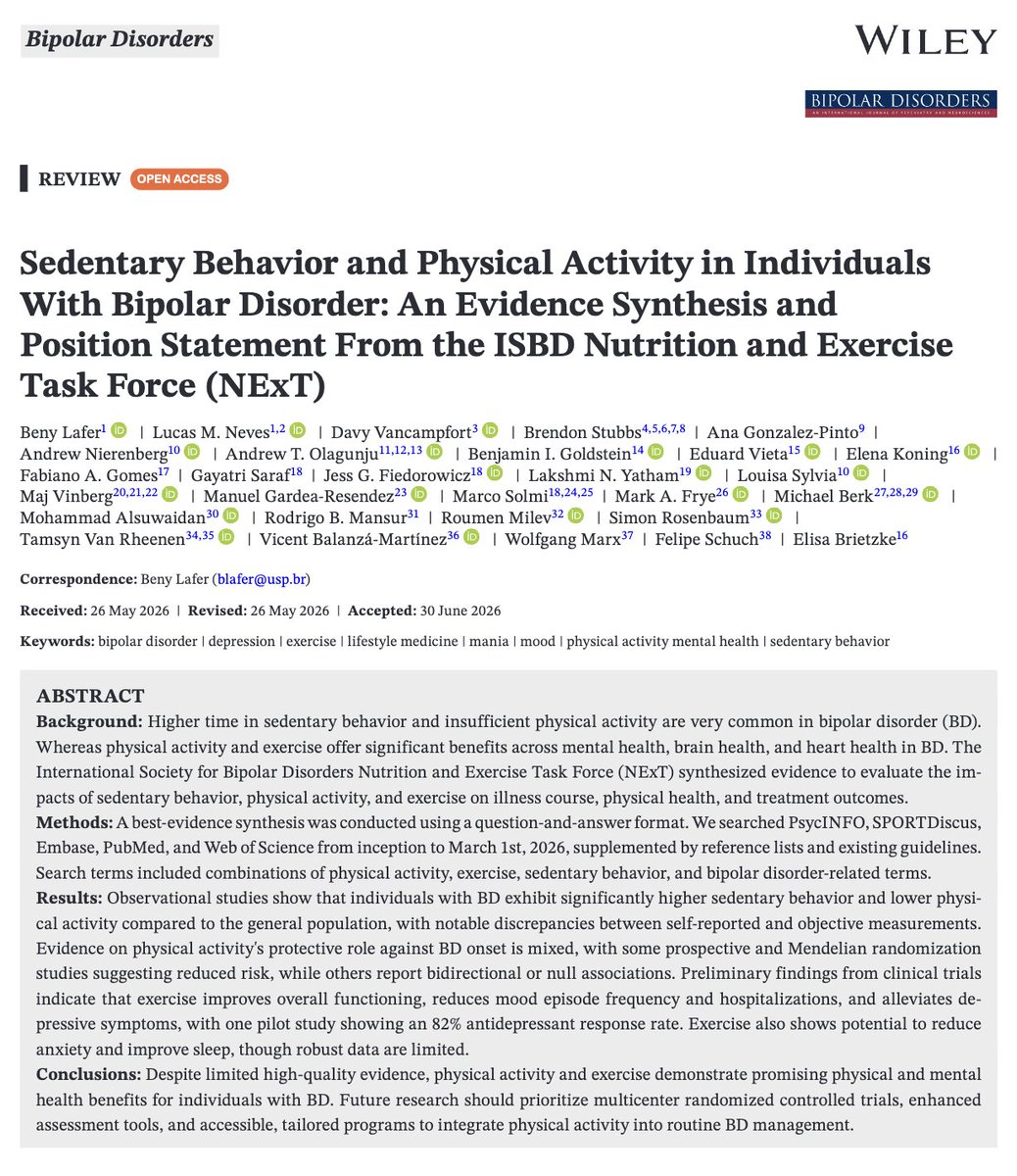 NTFabiano's tweet photo. Exercise works for bipolar depression.

A pilot trial found an 82% response rate.

Movement needs to be treated as medicine. https://t.co/b950i6My25