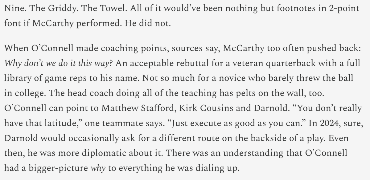 TyDunne's tweet photo. All nonsense —  “Nine,” the Griddy, the hand towel — would’ve been rendered nothingburgers if JJ McCarthy could play. Interactions with Kevin O’Connell in gameplanning were more damning than any on-field theatrics. One player explains.  

More: https://t.co/QlkcMJT0Xz https://t.co/YVkb7RFKI5
