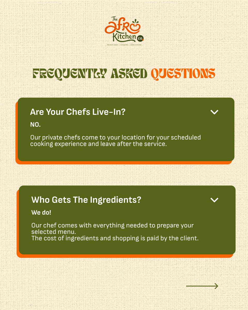 AfroKitchenco's tweet photo. Got questions? We’ve got answers (and great food)🤤

We’re answering all your Afro Kitchen Co FAQs right here.

From food delivery time, how to make reservations, menu, our private chef services and more.

Swipe to get answers to your questions!

1/2 https://t.co/pzu9RCzBWp