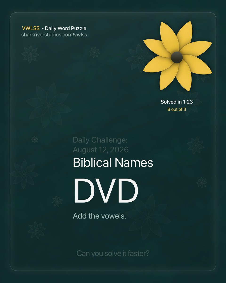 jaywardell's tweet photo. I finished today's VWLSS challenge.

VWLSS • Aug 12
🌼🌼🌼🌼🌼🌼🌼🌼
1:23
Biblical Names

Play it here: https://t.co/8lxJcjrwk0 https://t.co/SNJZvEHceU