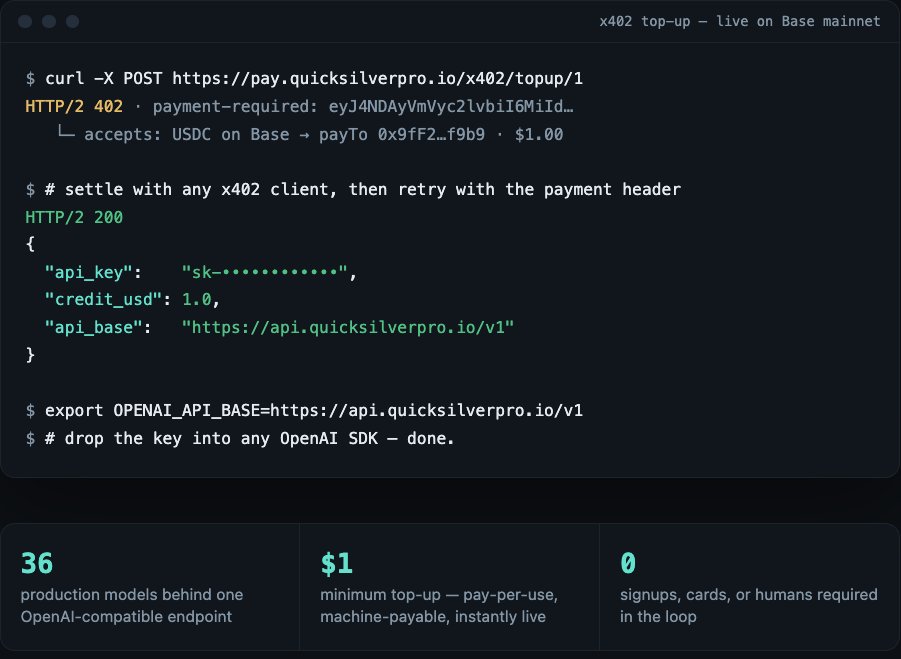 qspro_ai's tweet photo. Your agent can now find us, pay, and call models. No humans needed.

QuickSilver Pro is indexed in the Agent Tools x402 directory (https://t.co/lGWzsH7KnX)
🔹 $1 USDC via HTTP 402 on Base 
🔹 Prepaid OpenAI-compatible API key 
🔹 No account or card

🔗 https://t.co/lugZFg5DSt https://t.co/0KNjdSkTpZ