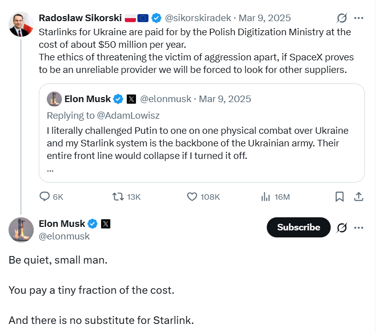 gps65's tweet photo. To dziwne, że mało kto zauważa prawdziwą przyczynę tego, że @elonmusk wykreślił Polskę z Europy, co skutkuje dużo większymi cenami Starlinka dla Polaków w roamingu za granicą. Chodzi o publiczny konflikt między Muskiem (i Marco Rubio) a @sikorskiradek, dotyczący finansowania Starlinka na Ukrainie.

To osobiście Sikorski jest powodem problemów Polski, bo w kontaktach z Muskiem zachowuje się jak rozkapryszone dziecko. Tak wprost, publicznie pisał do Muska: „Widzisz, wielki człowieku, polityka jest trudniejsza, niż myślałeś”, „Hej, ważniaku, dlaczego nie powstrzymasz Rosjan…?”, za co Musk nazwał go „śliniącym się imbecylem”. 

Sikorski jest jedynym na świecie dyplomatą, który prowadzi infantylny, powtarzalny, bezpośredni, posługujący się ironią, zaczepny spór z Muskiem. No to nie ma się co dziwić, że go wkurzył. Za głupotę Sikorskiego i jego partacką dyplomację, Polacy tracą forsę.