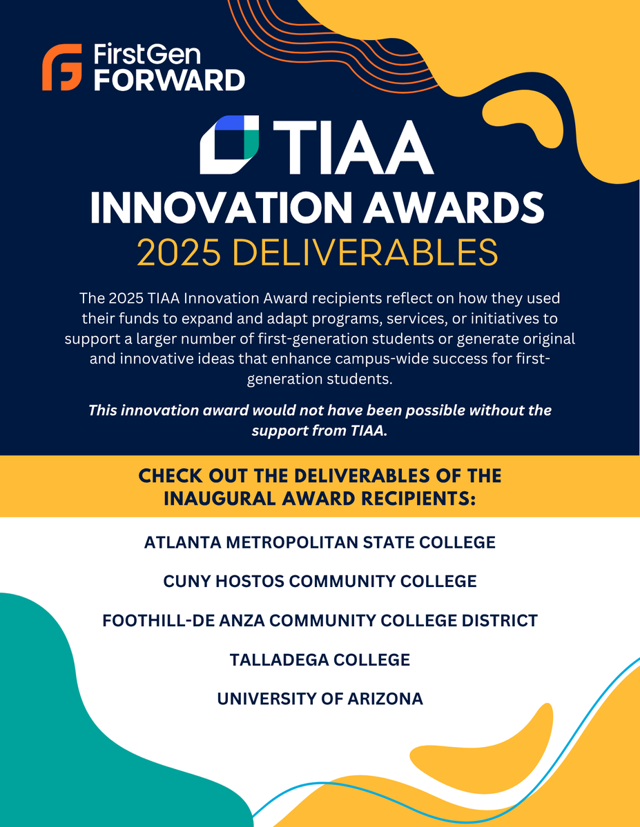 FirstgenForward's tweet photo. See how our 2025 @TIAA  Innovation Award recipients transformed award funds into real impact! From scaling proven programs to launching new campus-wide initiatives, proving what's possible for first-gen success.
 ➡️ https://t.co/qkO9C7XrcD https://t.co/NDmMqyA20y