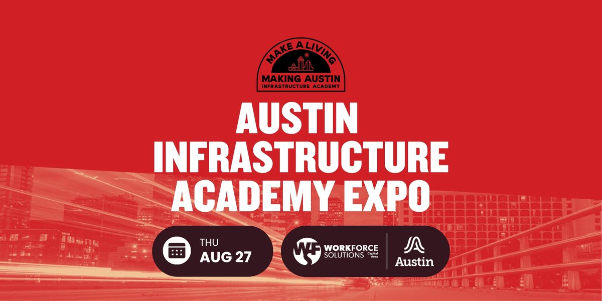 wfscapitalarea's tweet photo. 🚧 Ready to build your future in Austin? Join the Austin Infrastructure Academy Expo to connect YOU with career &amp; training opportunities! 🎉

📍 Thursday, Aug 27 | 10:00AM – 1:00PM | At Workforce Solutions Capital Area

🎟️ Register: https://t.co/GR8kwXN0en https://t.co/AkcNCATKYS