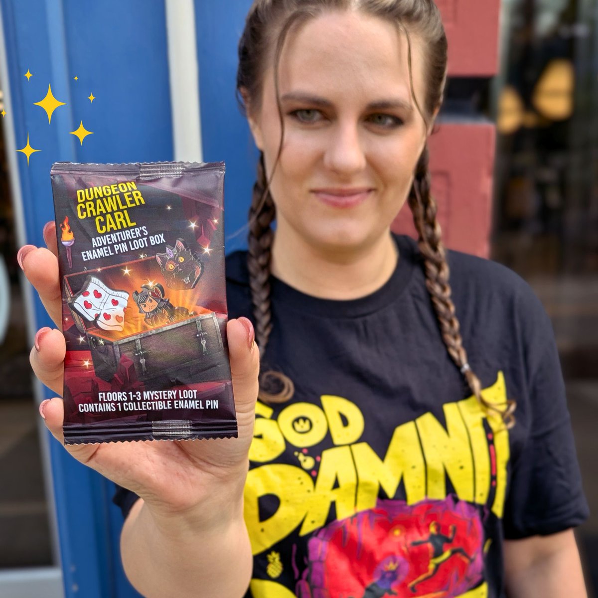 VaultOfMidnight's tweet photo. NEW ACHIEVEMENT: YOU FOUND NEW APPAREL 👕

Vault AA is the place to go for your Dungeon Crawler Carl needs!

Rock the classic Carl line, "Goddamnit Donut," via this sweet graphic tee. Need some matching flair for your backpack etc.? Snag one of these mystery enamel pins! https://t.co/Q6uRCBXqZd