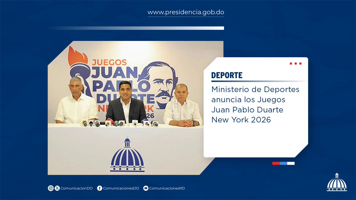 Comunicaciondo's tweet photo. El @Miderec_RD anunció los Juegos Juan Pablo Duarte New York 2026, que reunirán a más de 2,000 atletas dominicanos e hijos de dominicanos en EE. UU., del 14 al 23 de agosto.

Más información 👉🏼 https://t.co/kGcPLJEfoQ

#Deporte #ComunicacionesDO https://t.co/UZIqqf4NlA