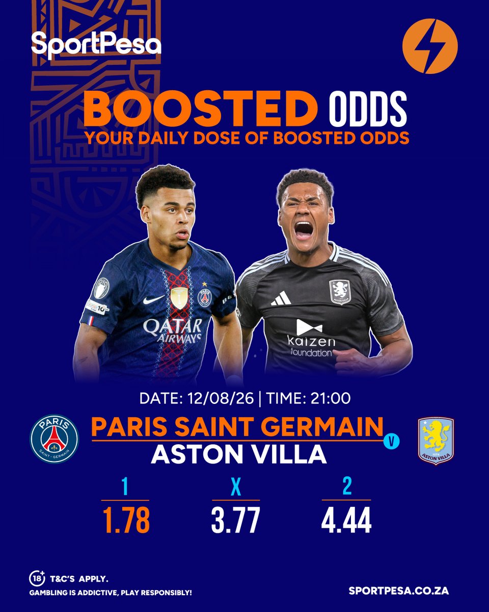 SportPesaSA's tweet photo. BOOSTED ODDS ALERT π
Make your predictions & Place your bets on https://t.co/ZvxxZW17Un π²
PSG π Aston Villa
ποΈ: 12 August 2026
β°: 21h00
#SportPesaSA #MakeItCount | #BoostedOdds https://t.co/F5cFG2LCnO