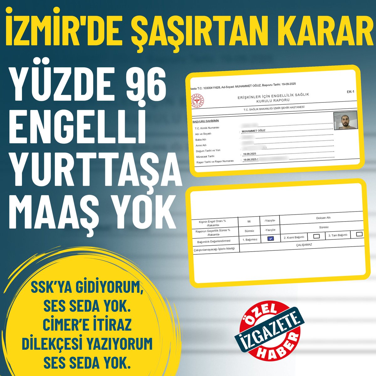 izgazete2's tweet photo. 15 Ocak 2025 tarihinde hükümet tarafından 7538 sayılı kanunun yayınlanmasının ardından Engelli Emeklilik Sisteminden yararlanmak isteyen vatandaşların mağduriyetleri sürüyor. 

İzmir’de yaşayan 40 yaşındaki Muhammet Oğuz, engelli emeklilik sisteminden yararlanması gerektiğini savunurken, yanıt olarak sürekli ret yediği için mağduriyetini İz Gazete’ye aktardı.

https://t.co/eoeoYRWs0T

#EngelliEmeklilik