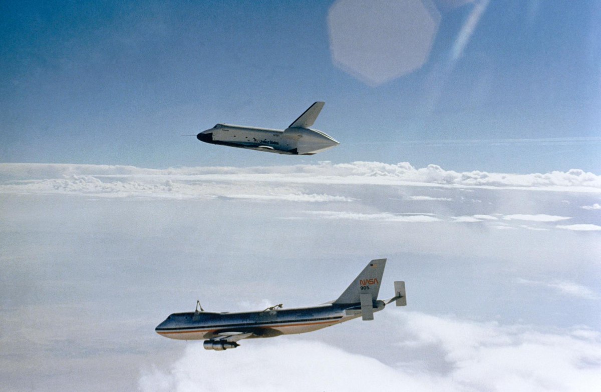 airandspace's tweet photo. Today in 1977, Space Shuttle Enterprise (crewed by Fred Haise and Gordon Fullerton) made its first free flight from a 747 during shuttle approach and landing tests. https://t.co/4PVGaIQh2J