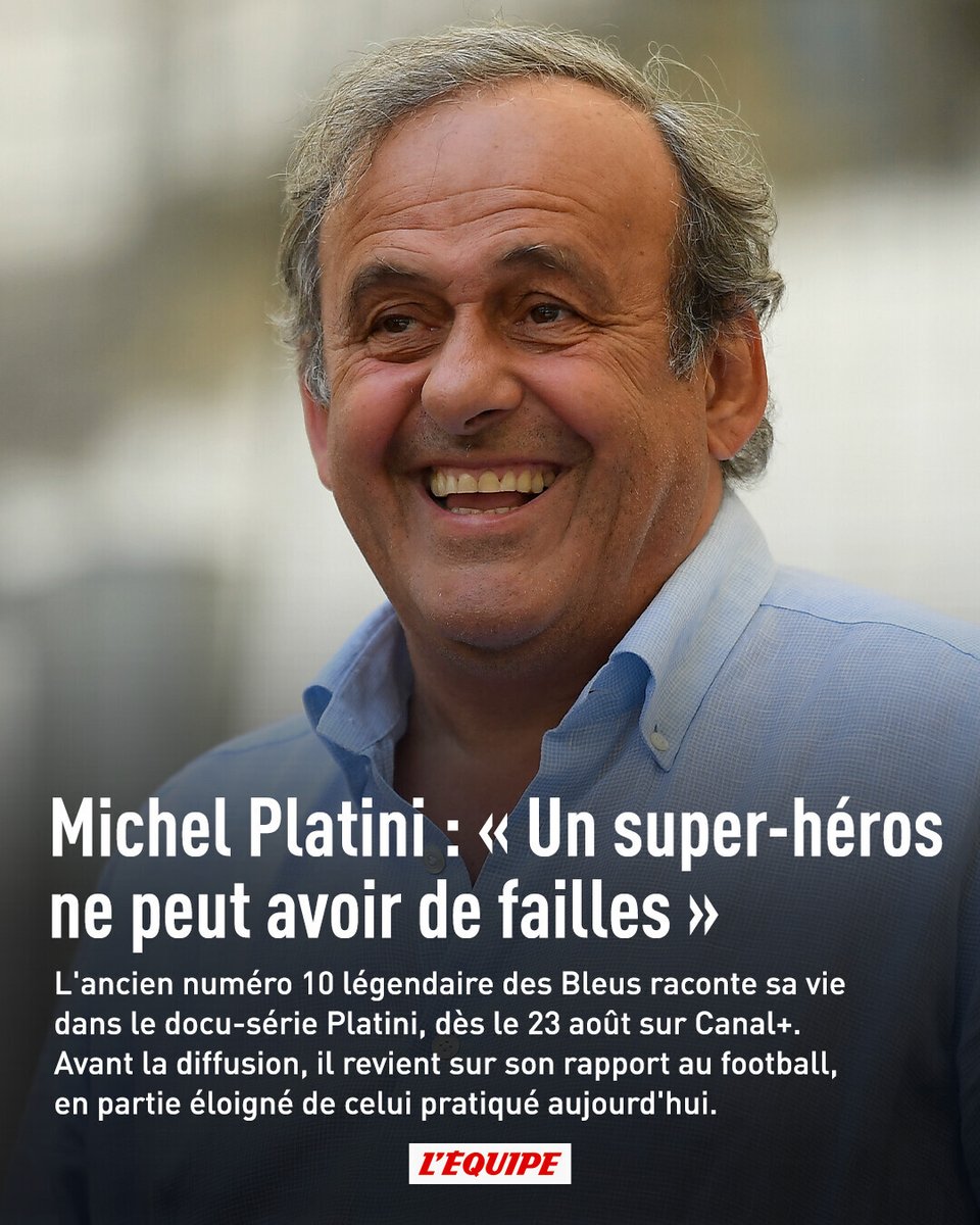 lequipe's tweet photo. Michel Platini revient sur sa vie de légende des Bleus : « Un super-héros ne peut avoir de failles »

L'ancien numéro 10 légendaire des Bleus raconte sa vie dans le docu-série Platini, dès le 23 août sur Canal+. Avant la diffusion, il revient sur son rapport au football, en partie éloigné de celui pratiqué aujourd'hui.

➡️ https://t.co/sumwmGbAqQ