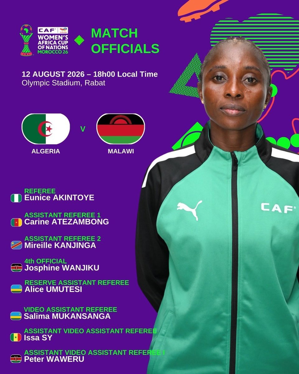 Pinup_KE's tweet photo. Nigerian ref, Eunice Akintoye will be the centre ref in the semifinal clash between Algeria 🇩🇿 vs. Malawi 🇲🇼

Kenyan officials, Josephine Wanjika and Peter Waweru

Who do you think would win
#Algeria #Malawi #WAFCON https://t.co/EFErdMkQl8
