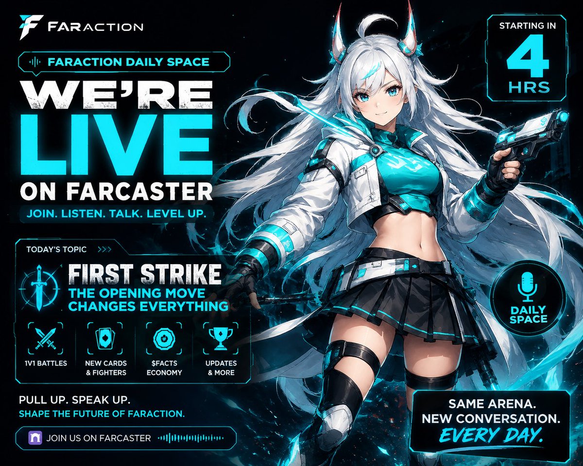 FaractionOnBase's tweet photo. ⚔️ FarAction Daily Space

We’re back on Farcaster in 4 hours.

Join us as we talk about FarAction, the latest updates, 1v1 battles, fighters, cards, $FACTS, and what we’re building next.

Come hang out, ask questions, and meet other Actioneers. https://t.co/4tSK1DYfz5