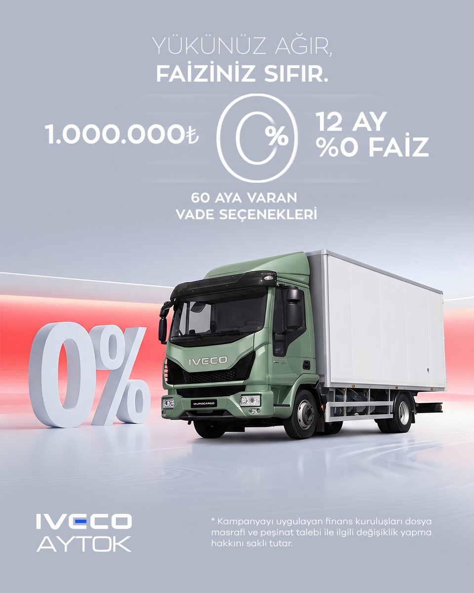 ivecoaytok's tweet photo. Gücünü artırmak isteyen işletmeler için avantajlı bir fırsat. 🚛

1.000.000 TL’ye kadar 12 ay %0 faiz ve 60 aya varan vade seçenekleriyle IVECO Eurocargo şimdi daha ulaşılabilir.

#IVECO #Eurocargo #IVECOAytok #SıfırFaiz #Kamyon #TicariAraç #Nakliye #Taşımacılık https://t.co/o1B2VVfFcs