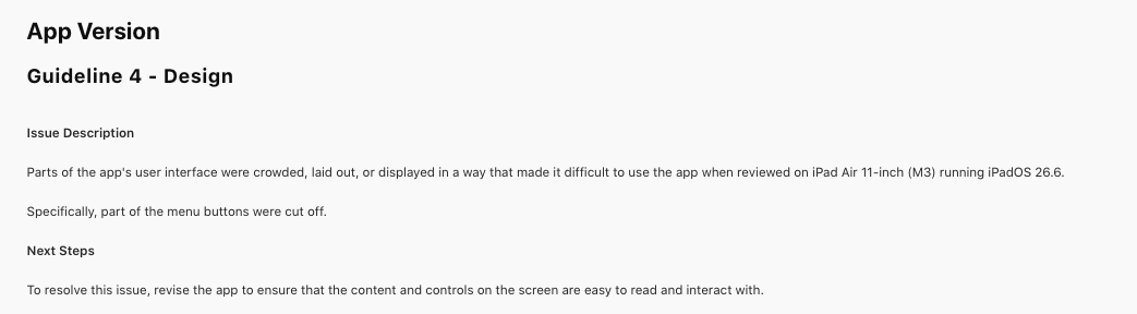 frknalck's tweet photo. Rejected by Apple 😅

They tested the iPhone version on an iPad Air and found that some of the menu buttons were cut off.

Apparently, my UI wasn’t ready for the iPad experience yet.

Fixing it and resubmitting Fix Posture. https://t.co/p65DkTcMsp