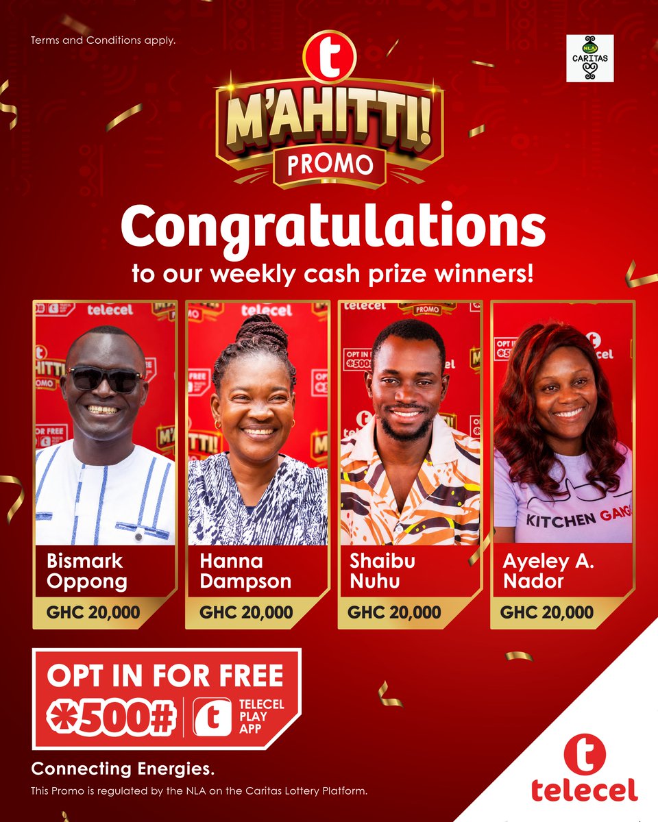 TelecelGhana's tweet photo. Congratulations to all our weekly cash prize winners in the M’AHITTI Promo.

Thank you for participating.

You could be our next winner.
Opt in for FREE and keep transacting for your chance to win.

Dial the prompt or use the Telecel Play App to opt in.

Visit - https://t.co/1q78VCFbJL