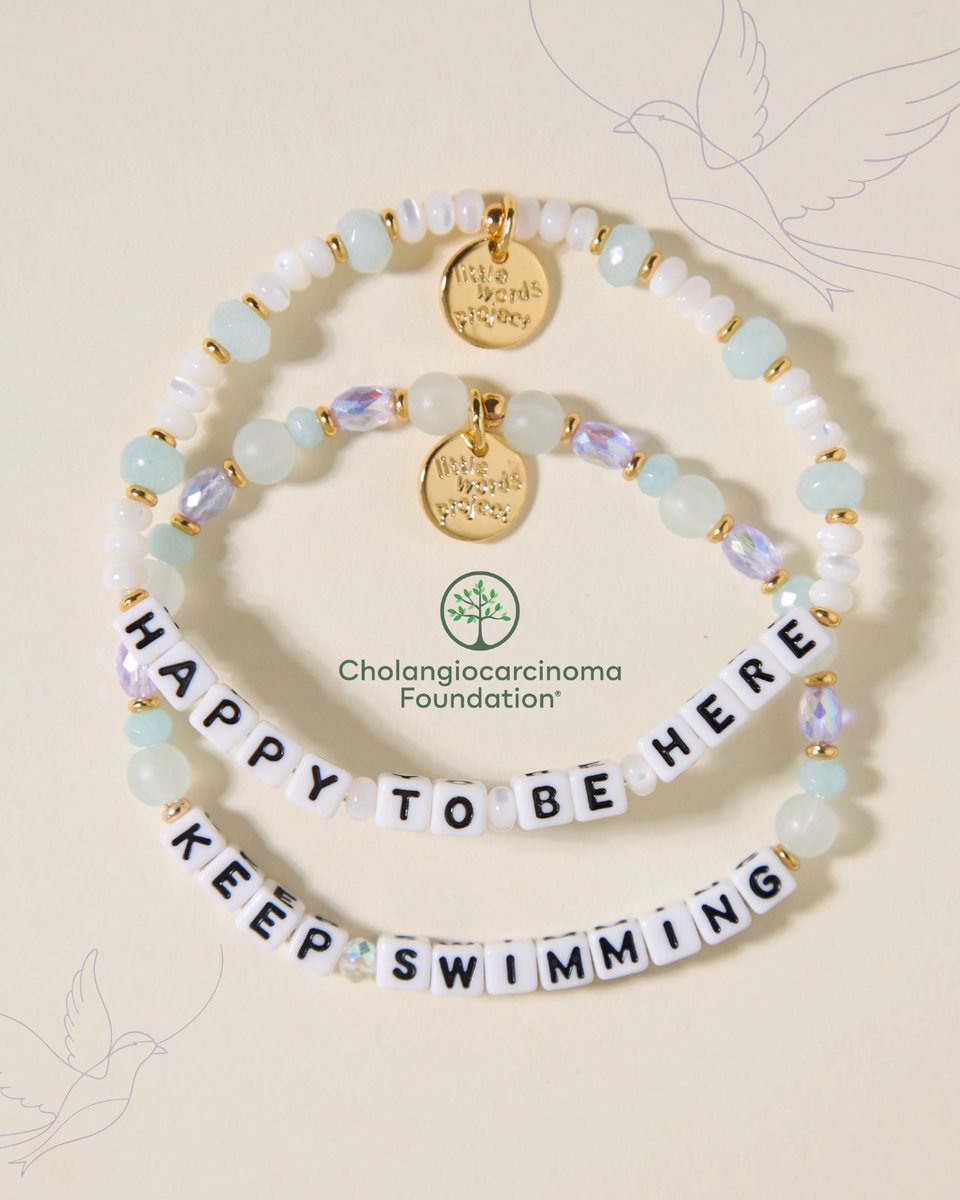curecc's tweet photo. As a community, our hearts have been heavy since the passing of advocate and patient Sydney Towle. Syd had a large public following on social media and used her platform to share what life with cholangiocarcinoma was like. Her honesty, vulnerability, and kindness touched people around the world and educated many about what young adults with rare cancers face in their daily lives. Little Words Project, in partnership with Syd's family, has relaunched Syd's "Happy to Be Here" bracelet and added another bracelet with one of her signature uplifting phrases, "Keep Swimming." Little Words Project is generously donating $5 per bracelet and $10 for the set to CCF to further support patients and caregivers and help fund much-needed research.

We are grateful for this meaningful collaboration with the Little Words Project and the opportunity to help honor Syd's life and the positive impact Syd had on this community. 

You can order here: https://t.co/OPgIA6Kjf0
