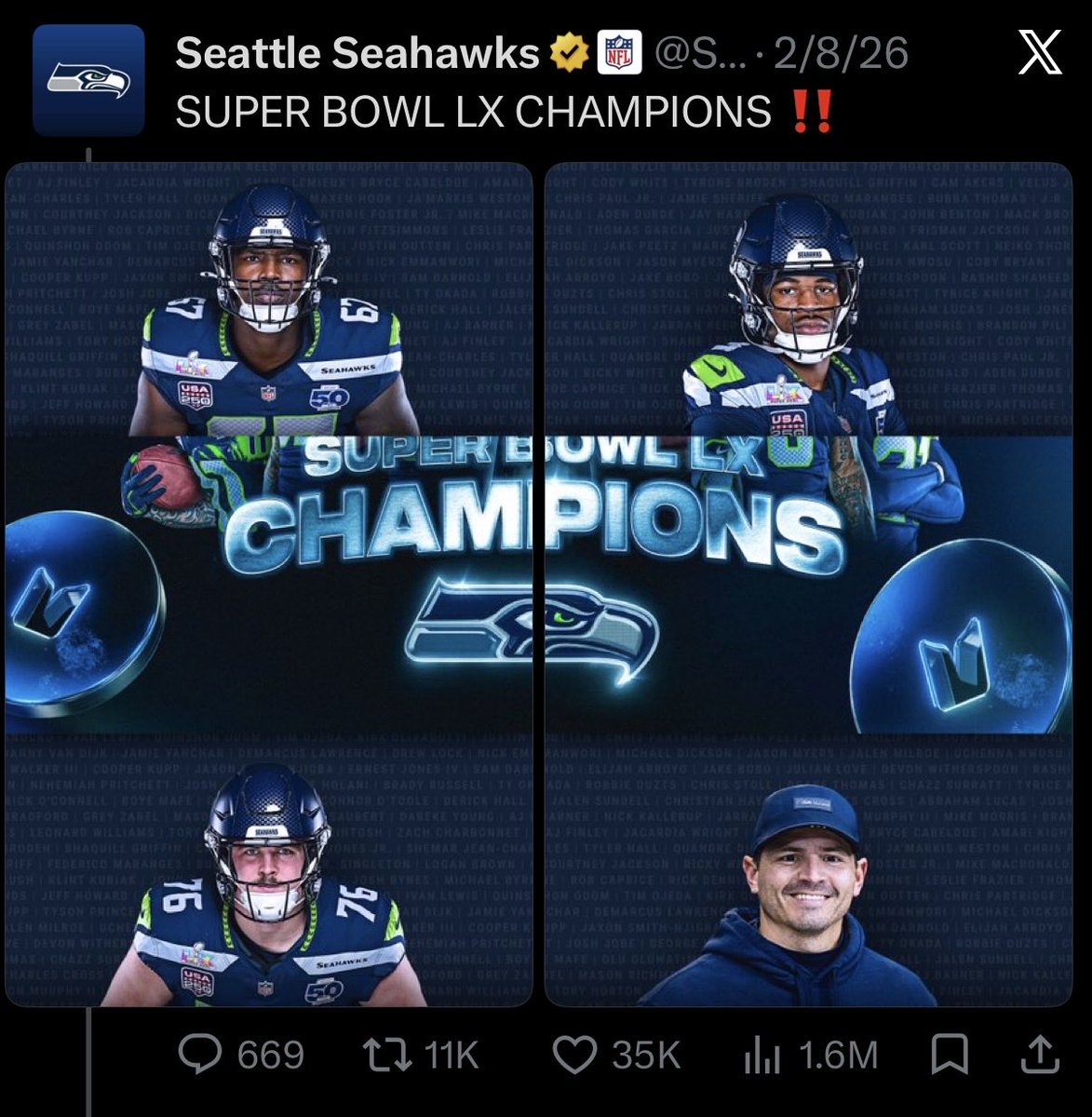 jalenreagors's tweet photo. Jalen Hurts interception in training camp on August 12th - 6.6 million views

The NFL &amp; Seahawks tweets announcing them as SB champs (combined) - 4.6 million views https://t.co/xv8E9LUjLI