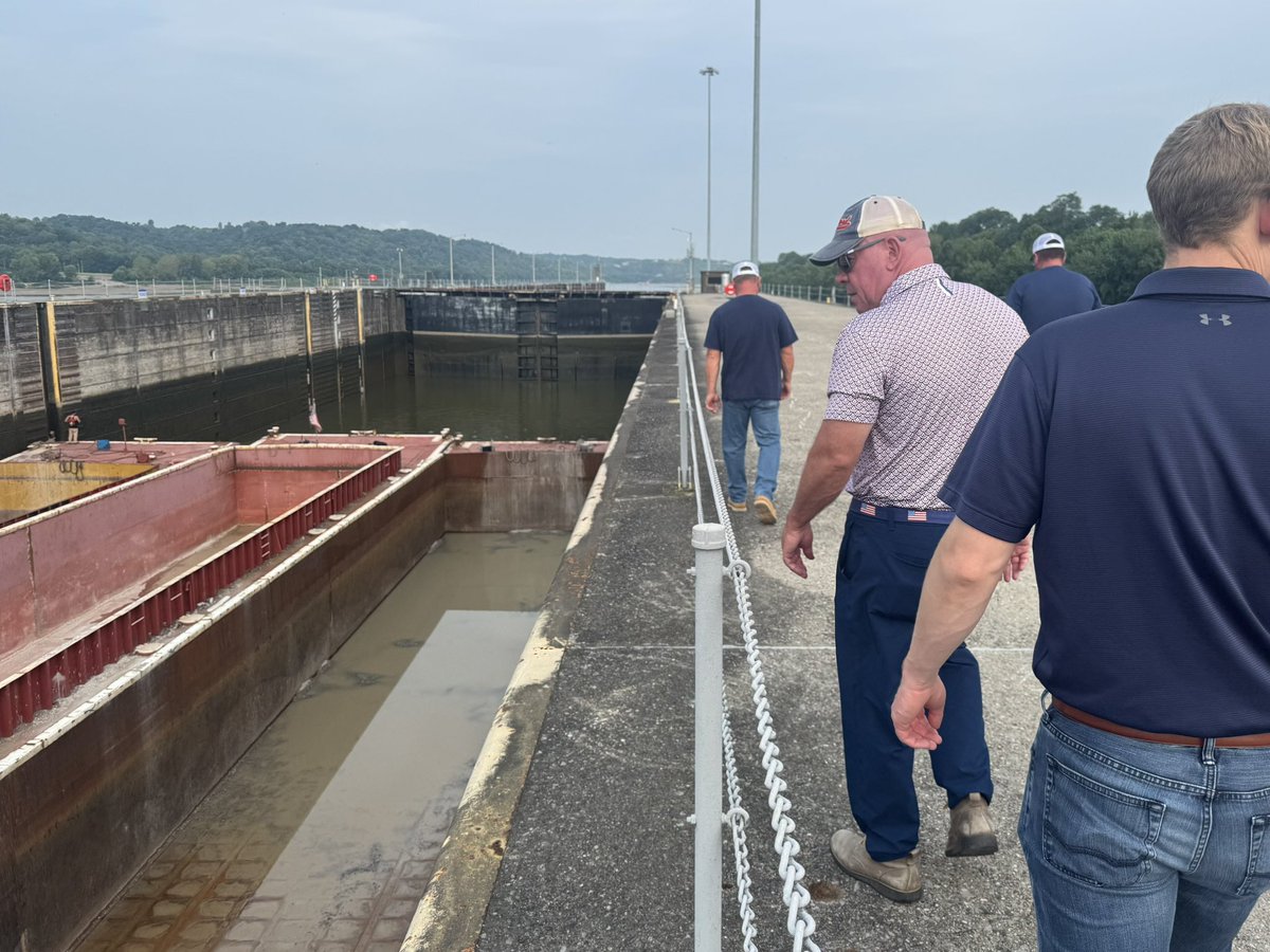 RepDaveTaylor's tweet photo. Yesterday my team and I received a tour of Meldahl Locks and Dam and saw firsthand how @USACEHQ helps keep our local economy moving forward.

The incredible staff shared how transporting goods on a 15-barge tow is equivalent to two 108-car trains or 1,050 large semi trucks, saving companies countless dollars and preventing wear and tear on our highways. 

The Ohio River plays a huge role in our local and state economy, and it was great to see it in action!