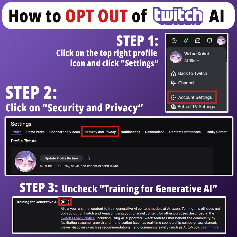 VirtualKohai's tweet photo. How to ⚠️ OPT OUT ⚠️ of Twitch Generative AI 🙅‍♂️

Please share to help out other fellow Twitch streamers 💖 ✨ https://t.co/n8g3OtIWgZ