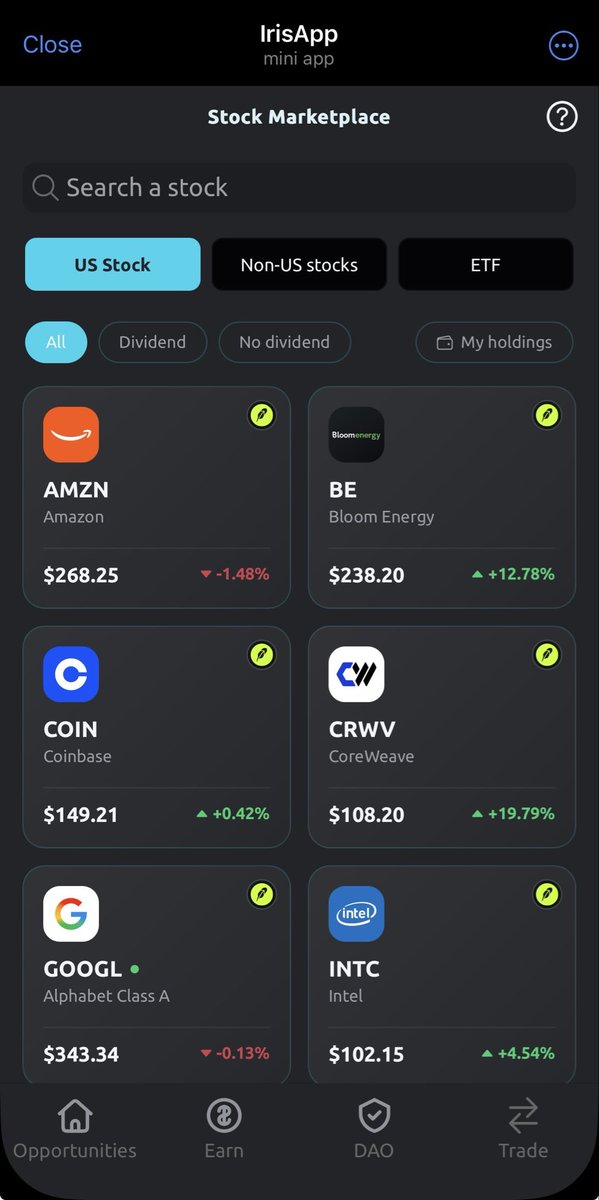 Iris_token's tweet photo. The stock market is on fire! 🔥📈

Buy 100% on-chain stocks directly on IrisApp. 🚀

https://t.co/M6rdI1RHTj https://t.co/GJCorPWt08