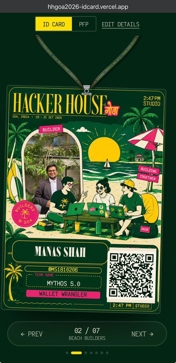 MS1810206's tweet photo. #FrameInGoa 🏝️

Built a Builder ID + PFP Card for Hacker House Goa 2026 with @DawdaMeet &amp; @_yashpoojari 🚀

🎨 7 themes | 💼 LinkedIn + GitHub | 📸 Instant photo | 👥 Teams + Group IDs

Try it 👇
https://t.co/mzXFjM9MSU

#HackerHouseGoa #HackerHouse2026 #BuildInPublic #Hackathon https://t.co/HOdSUcePjy