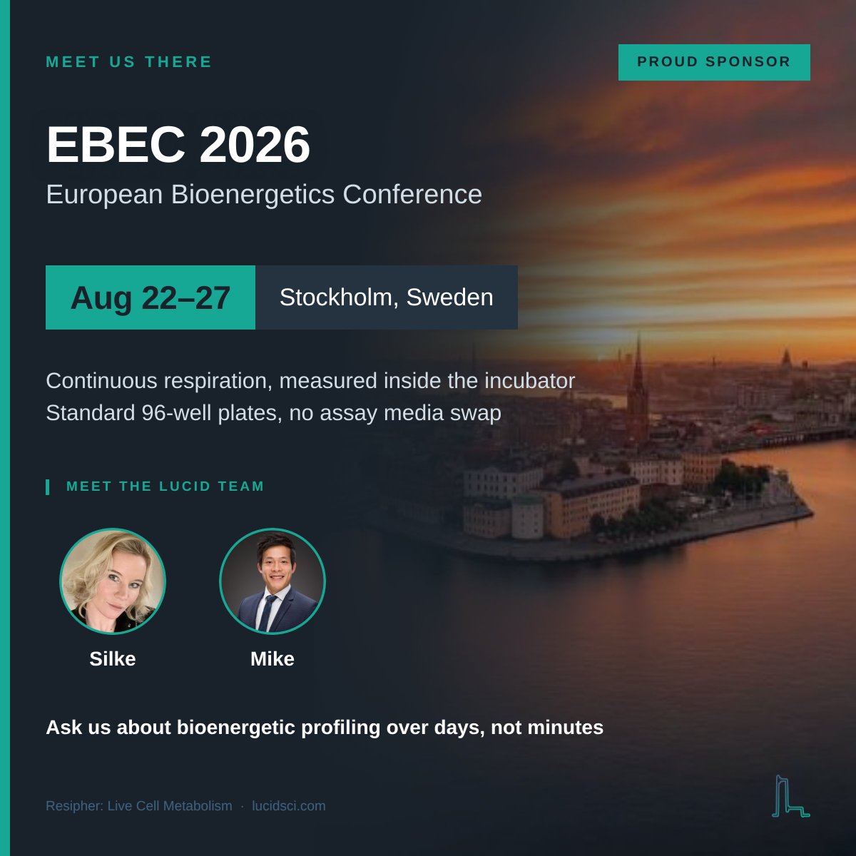 lucidsci's tweet photo. EBEC 2026, Stockholm, August 22 to 27.

Silke and Mike are there all week. Continuous respiration measured inside the incubator, in standard 96-well plates.

Come find us.

#EBEC2026 #Bioenergetics #Mitochondria https://t.co/wVGPH3mRal