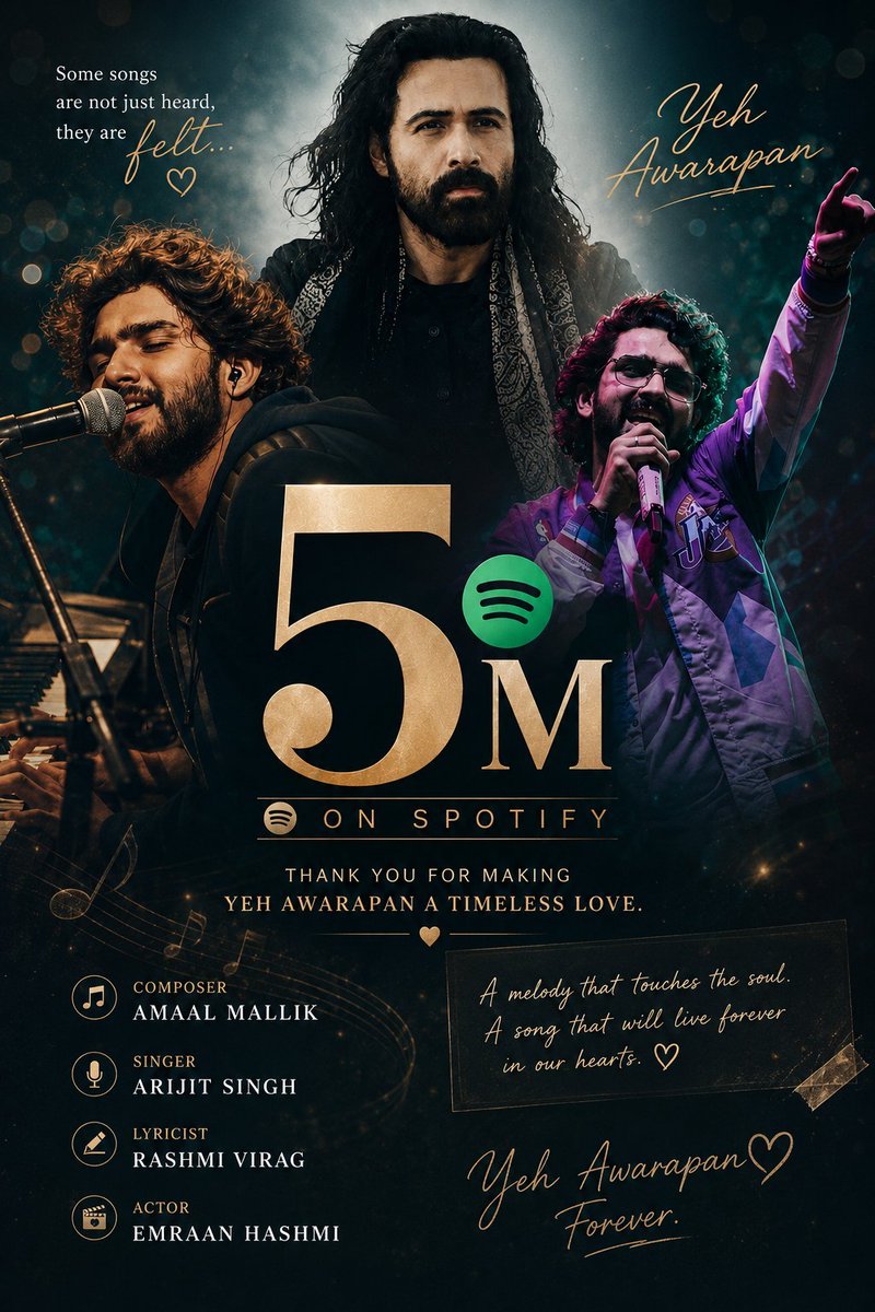 darshiverse's tweet photo. 5 MILLION STREAMS! 🔥
Yeh Awarapan has crossed 5M Spotify streams! A beautiful milestone for @AmaalMallik s melody. 🎶✨

5M and counting. Keep streaming! 🚀

#YehAwarapan #AmaalMallik #Awarapan2 #Amaalians

https://t.co/g5cnjmcQ6R… https://t.co/wuQD6g3Qmh