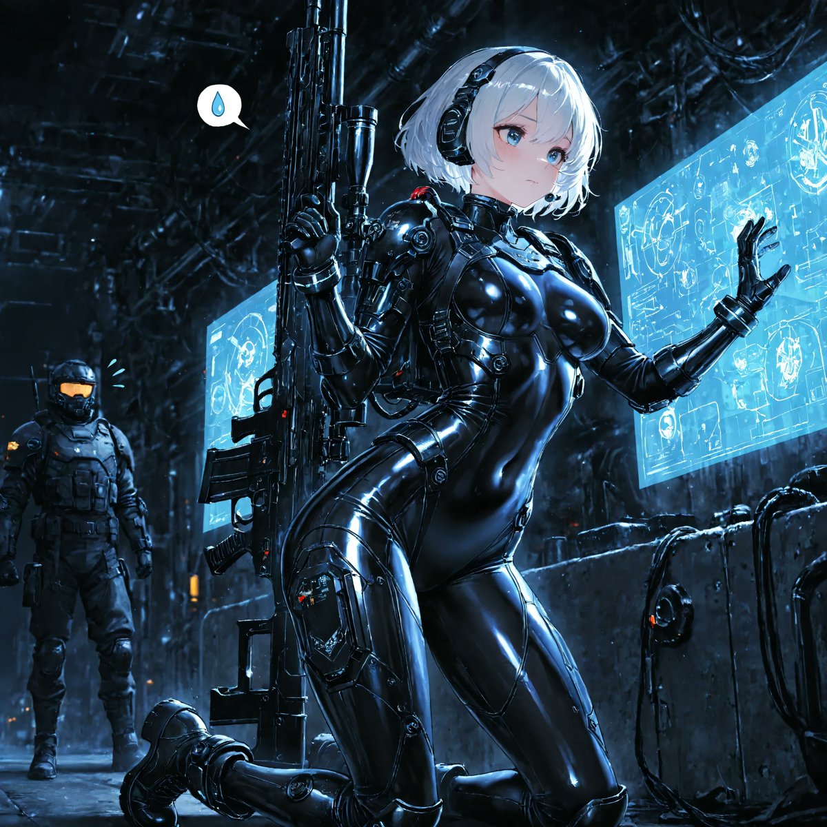 BluePilotSuit's tweet photo. 「「えっと……この端末、また認証に失敗してる。銃なら一発で片づく相手なのに、こういう細かい操作は苦手なんだよね。見ないでって言ったでしょ？　あと十秒だけ待って。たぶん、今度こそ正しい回線に接続できる……はず。」」
Uh… the terminal rejected my authorization again. I can drop a hostile in one shot, but tiny interface controls are apparently my true enemy. I told you not to watch me struggle. Give me ten more seconds. This time I'm definitely connecting to the right network… probably.

「ブラックオペレーター：極光の監視者」
"Black Operator: Aurora Watcher"

#BlueBlackOperatorAuroraWatcher
#aiart #aiartwork #AIイラスト #AIillustration 
#BluePilotSuit20260815