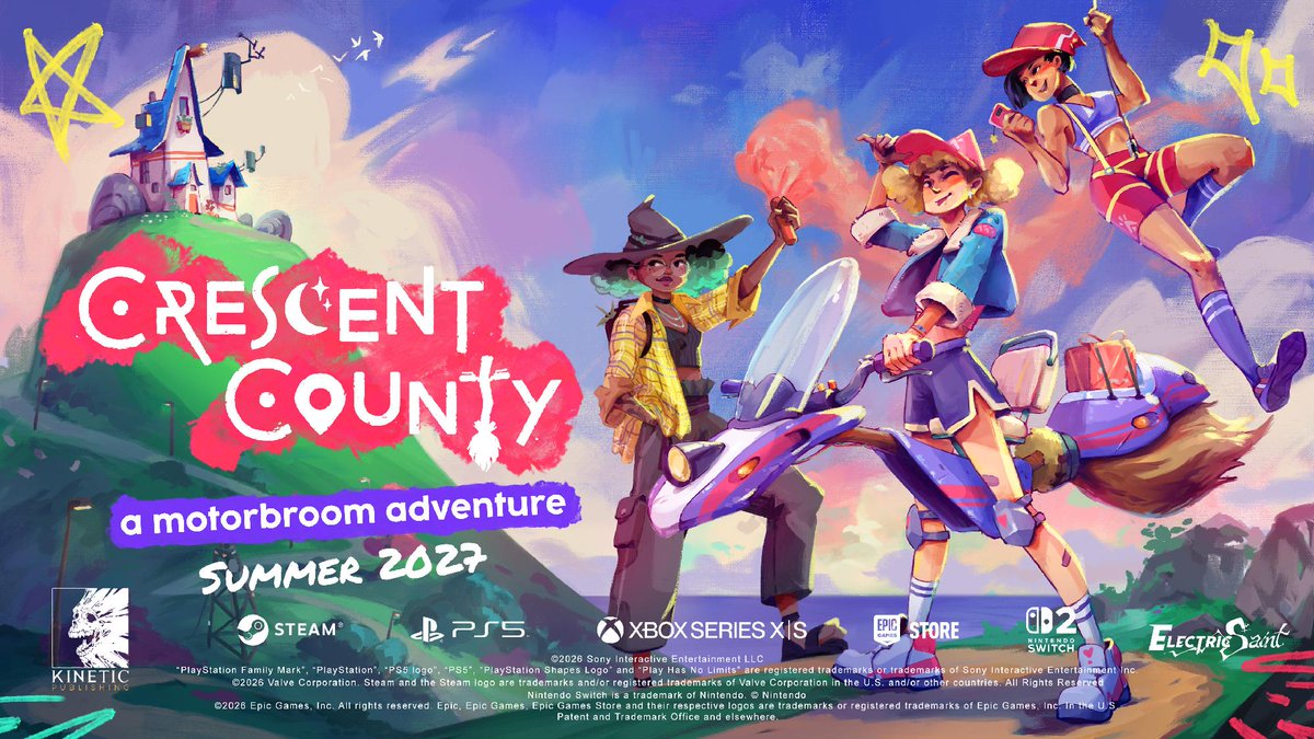 KineticPub's tweet photo. Crescent County, by Electric Saint and published by Kinetic Publishing.

Launching for PC via Steam and The Epic Games Store, PlayStation 5, Xbox Series X|S, and Nintendo Switch 2 in Summer 2027.

Wishlist now: https://t.co/uwTrXbhUVH https://t.co/GQhrt5rEqu