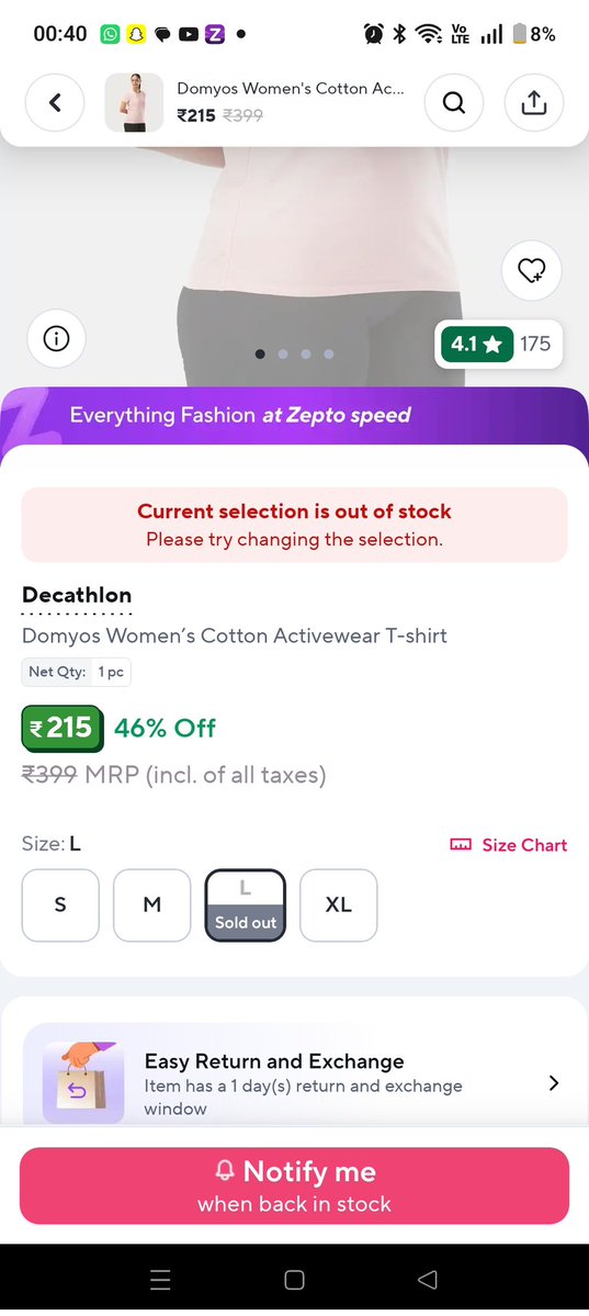 royswat's tweet photo. @ZeptoNow I order one gym t shirt and pant from Zepto now both were correct size label but incorrect fit. It was written hassle free exchange. But the team didnot agree to replace or return. Worst service.need help. https://t.co/qaNm6g37eL