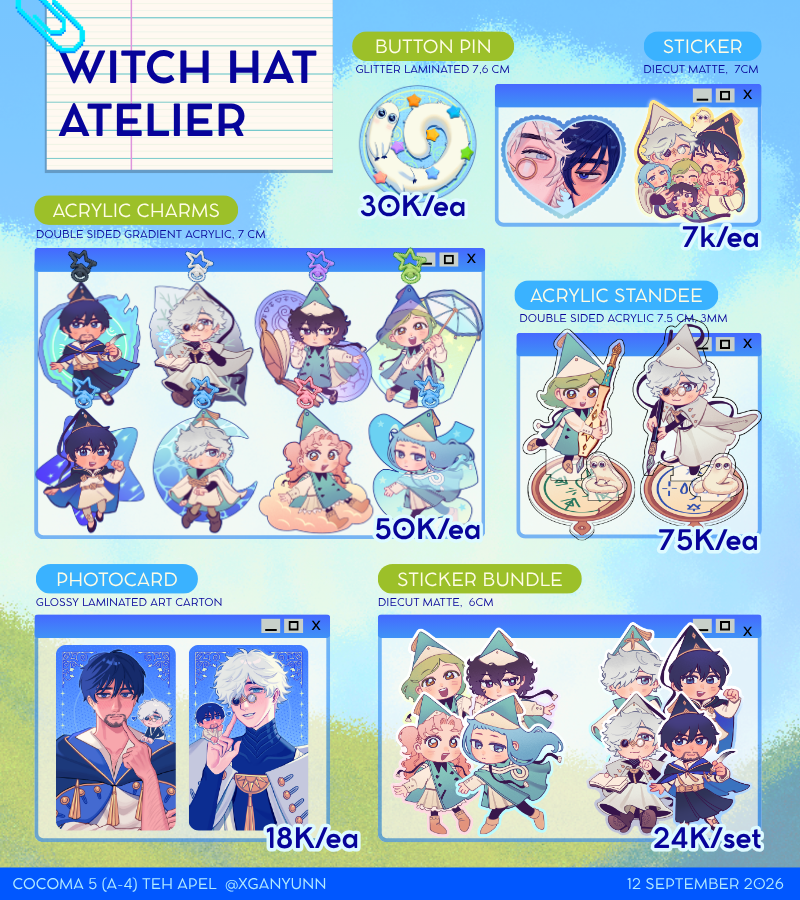 aenchovi's tweet photo. [🔁and💙] are appreciated]

My #COCOMA5  OTS Catalogue!!🐟🐟

🗓️12 Sept 2026 (Day 1)
⭐️Booth A-4 

Alien Stage, ALNST, Witch Hat Atelier, New Jeans, NJZ, Project Sekai, Originals, HSR, Honkai, CSM, Look Back 
#COCOMA5CATALOGUE #cocoma https://t.co/f1u8kNk7of