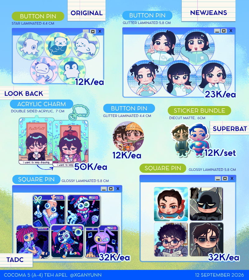 aenchovi's tweet photo. [🔁and💙] are appreciated]

My #COCOMA5  OTS Catalogue!!🐟🐟

🗓️12 Sept 2026 (Day 1)
⭐️Booth A-4 

Alien Stage, ALNST, Witch Hat Atelier, New Jeans, NJZ, Project Sekai, Originals, HSR, Honkai, CSM, Look Back 
#COCOMA5CATALOGUE #cocoma https://t.co/f1u8kNk7of