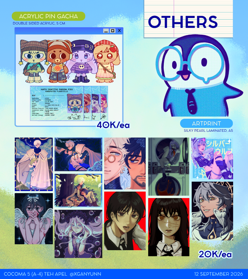 aenchovi's tweet photo. [🔁and💙] are appreciated]

My #COCOMA5  OTS Catalogue!!🐟🐟

🗓️12 Sept 2026 (Day 1)
⭐️Booth A-4 

Alien Stage, ALNST, Witch Hat Atelier, New Jeans, NJZ, Project Sekai, Originals, HSR, Honkai, CSM, Look Back 
#COCOMA5CATALOGUE #cocoma https://t.co/f1u8kNk7of