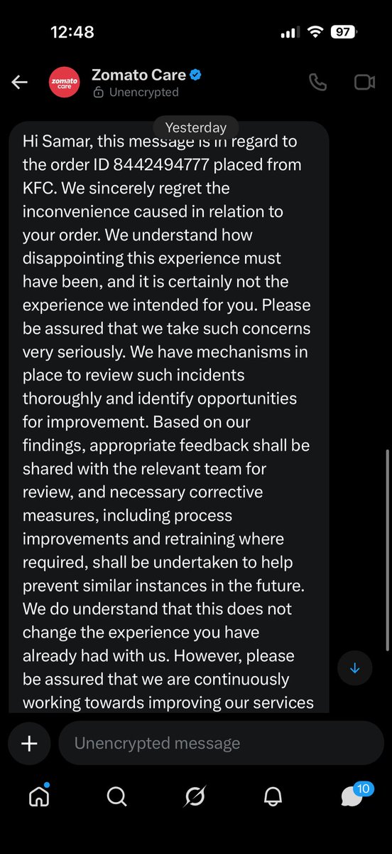 samar40422133's tweet photo. my concern was of subway and they dm me of kfc #fraud #zomato #zomatocare
@zomatocare https://t.co/eTjSnMPaEi