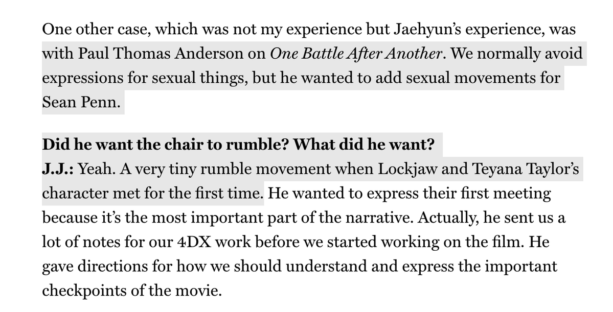 Hershal_P's tweet photo. You know those 4DX movies, where the chair moves and people get hit in the face with jets of water? 

I talked to the people responsible for designing the 4DX effects about how they do it, and about one particularly funny note they got from Paul Thomas Anderson. https://t.co/iUozs3FUQu