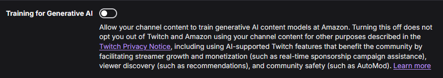PhloxNesspalier's tweet photo. ✧ TURN OFF GENERATIVE AI TRAINING ON TWITCH ✧

Account Settings -> Security &amp; Privacy -> Toggle setting off (towards the bottom) https://t.co/KH814EcNgI