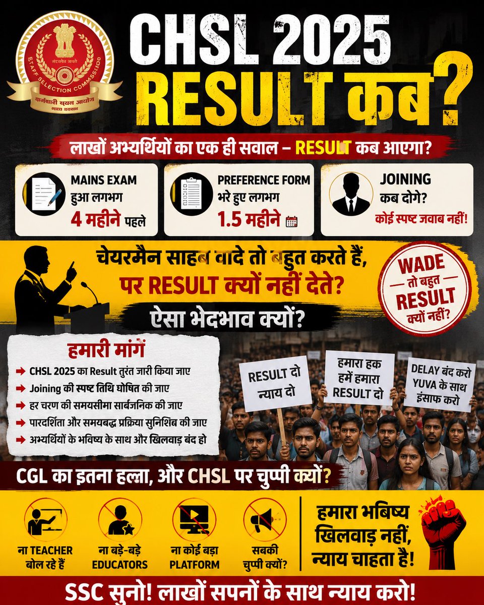 Kauravu100's tweet photo. CHSL 2025 के लाखों अभ्यर्थी Result का इंतज़ार कर रहे हैं।
Mains परीक्षा को लगभग 4 महीने और Preference Form भरे हुए भी करीब 1.5 महीने हो चुके हैं, लेकिन अब तक Result नहीं
CGL पर हर दिन बहस होती है, लेकिन CHSL के लिए न बड़े शिक्षक बड़े Platforms… सब चुप्प है।
#CHSL2025 #SSCCHSL https://t.co/hBzs0fZn1D