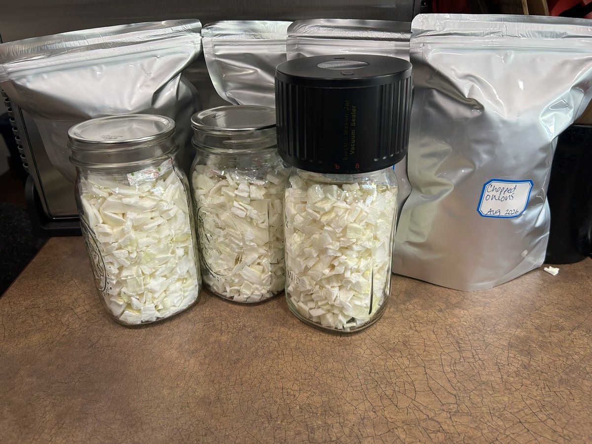 JustAmyMcC's tweet photo. Day 12: 
Every Bit Counts Challenge

11 pints of peach BBQ sauce processed. 3 quarts and 4 mylar bags full of chopped onions!

Staying away from the “product” stores and starving the system! 

#EveryBitCountsChallenge for the month of August. Please share all of your preserving this month too.
I’m 5’6” and you can see how tall the Monmouth sunflower is!