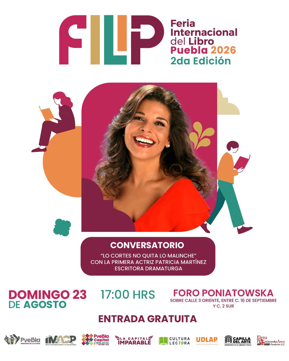IMACP's tweet photo. 📖 | La #FILIP2026 cerrará su segunda edición hablando de paz , inteligencias infantiles, escritura y conciertos. 🎶🕊️

#PueblaCapitalAmericana2026 despide la fiesta del libro como empezó... en voz alta. 📚

🗓️ Domingo 23 de Agosto.
📍 Foro Poniatowska. https://t.co/OEFNdt141C