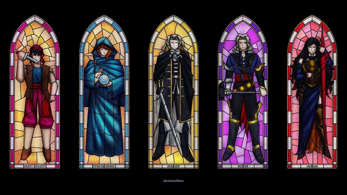 LarimarBlues's tweet photo. Inside a church located somewhere in Europe, there are a series of stained glass windows depicting heroes who fought alongside or in the stead of the Belmont Clan.
The windows located on the north facade depict Grant Danasty, Sypha Belnades, Alucard, Hector, Shanoa.
#Castlevania https://t.co/VJGiUJgC5P