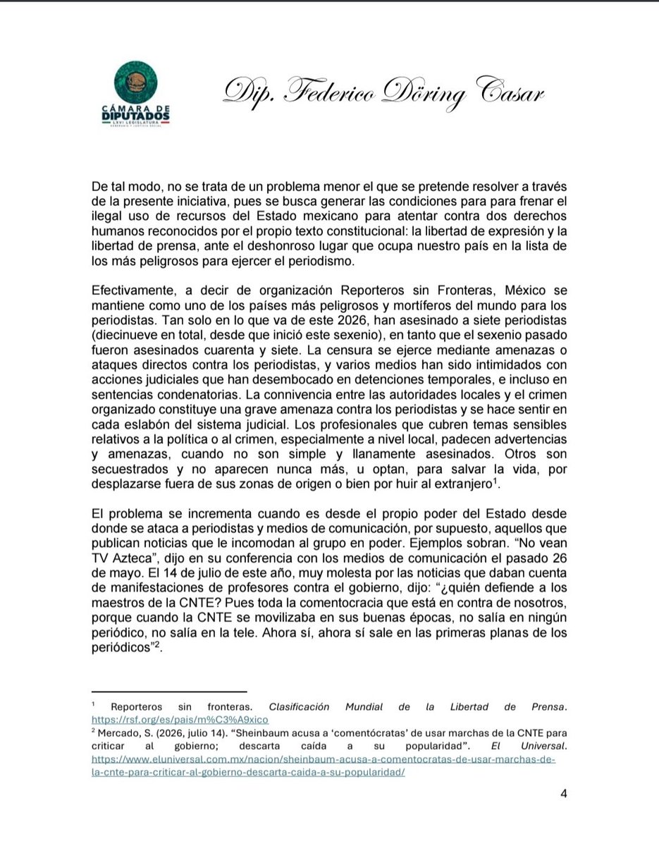 azucenau's tweet photo. 🔴El diputado Federico Döring presentó una iniciativa de reforma al artículo 38 de la Constitución Política para suspender los derechos políticos de los servidores públicos que utilicen la infraestructura y fondos del Estado para descalificar, estigmatizar o agredir a periodistas, medios de comunicación y ciudadanos en el ejercicio de la libertad de expresión.

​La propuesta legislativa contempla que, tras una sentencia firme que acredite dichas conductas, los señalados quedarán imposibilitados para postularse a cargos de elección popular o desempeñarse en la función pública.

El proyecto busca frenar el acoso institucional y el uso faccioso de la publicidad oficial desde el poder público.