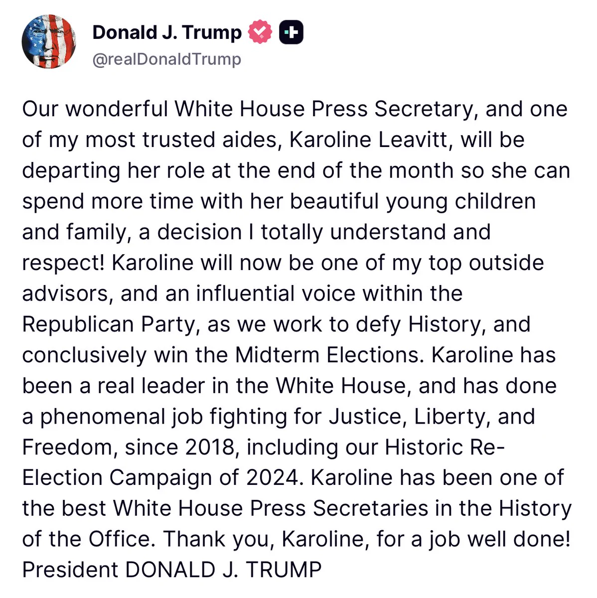 Karoline Leavitt on X: "Serving as the White House Press Secretary over the past year and a half has been the honor and adventure of a lifetime. I am incredibly grateful to President Trump for granting me so many extraordinary opportunities, such as working in the West Wing and spending countless hours https://t.co/xny1yccuBn" https://internetconnectz.com/karoline-leavitt-on-x-serving-as-the-white-house-press-secretary-over-the-past-year-and-a-half-has-been-the-honor-and-adventure-of-a-lifetime-i-am-incredibly-grateful-to-president-trump-for-gr/ Internet Connectz