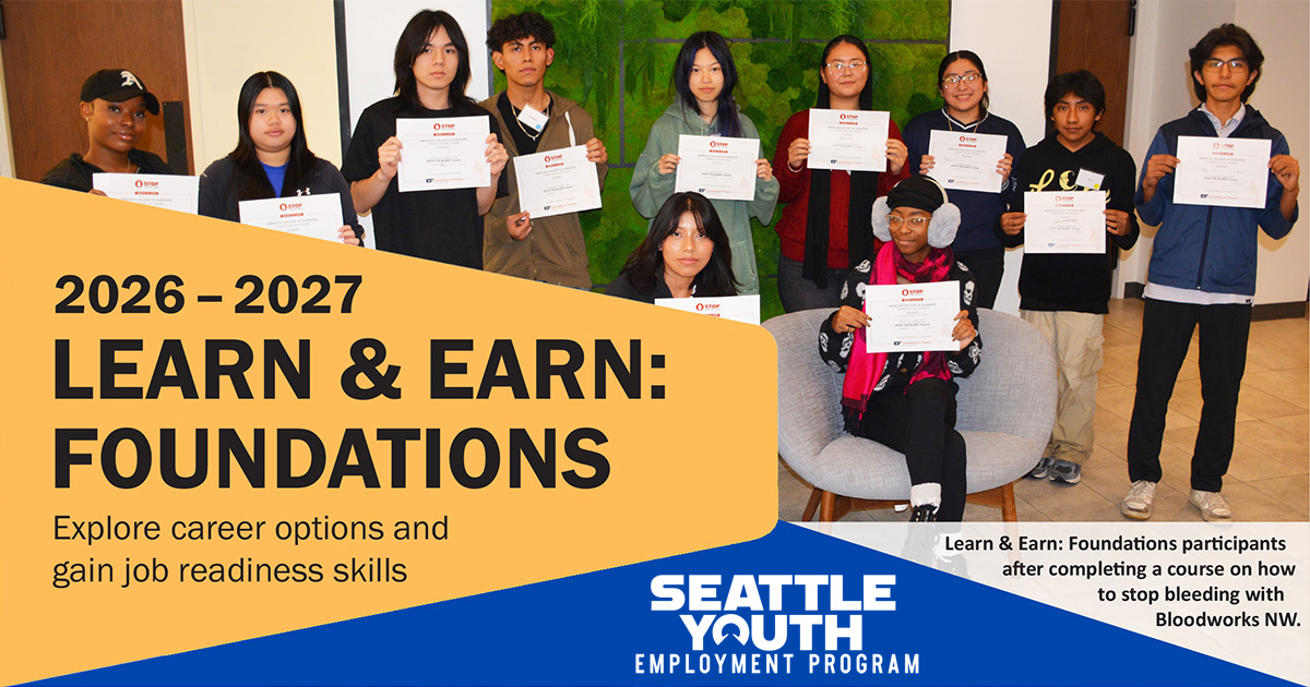 SeattleHSD's tweet photo. Applications are now open for Learn &amp; Earn: Foundations! The Seattle Youth Employment Program provides job readiness training and career planning workshops for youth ages 16-24 entering the workforce. Get details, including eligibility requirements, at https://t.co/vqIUXmrr63. https://t.co/s8f5YmCCOZ