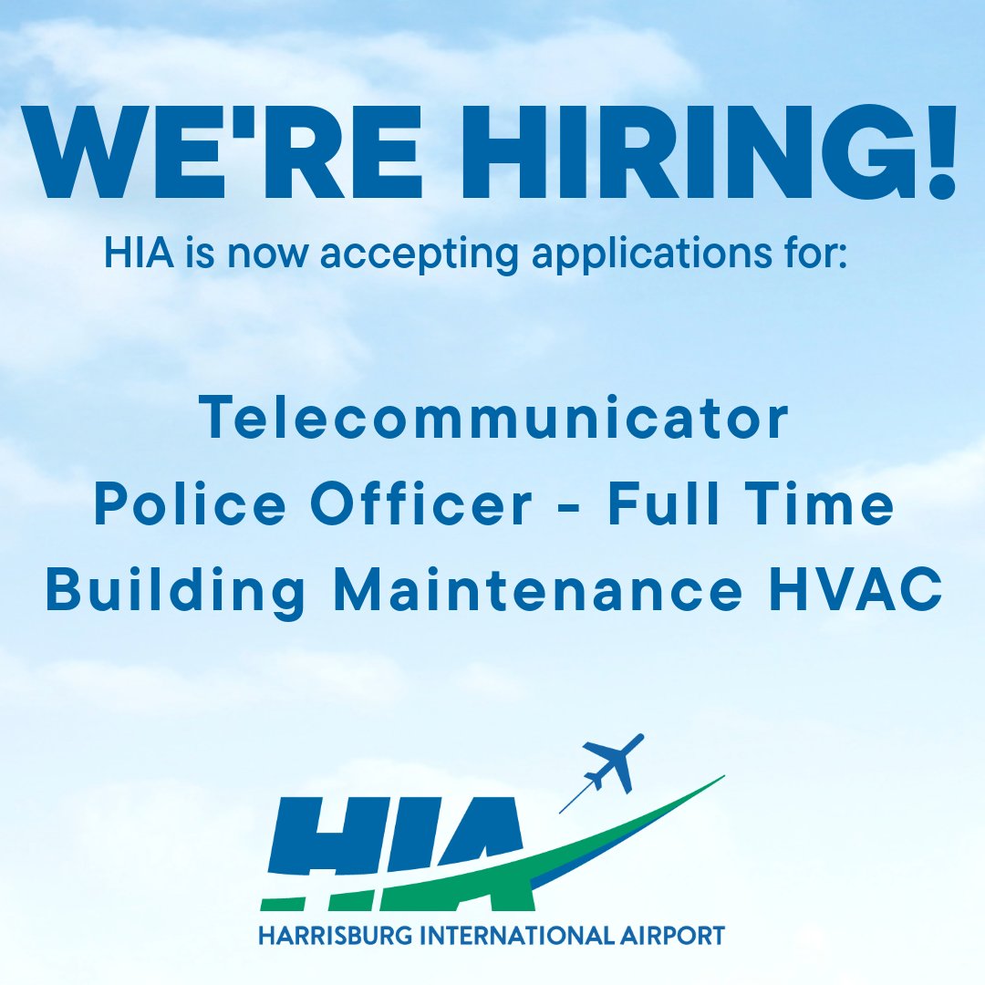 FlyHIA's tweet photo. @FlyHIA is hiring! 
Now accepting applications for:
• Telecommunicator
• Police Officer – Full Time
• Building Maintenance HVAC

Explore the openings and apply: https://t.co/OWg8EIaf5h https://t.co/vlyb3rfNmN