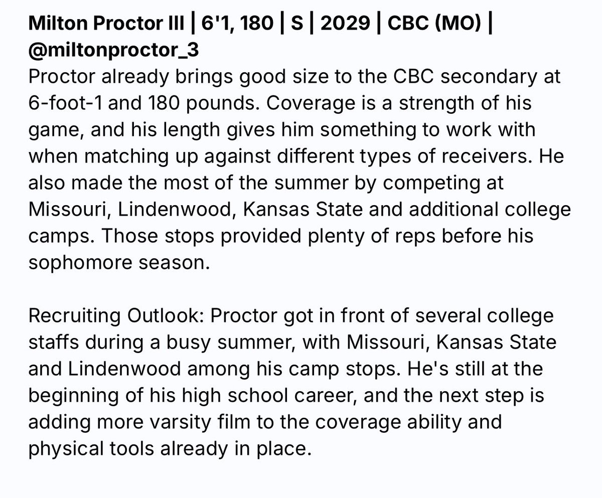 MiltonProctor_3's tweet photo. I appreciate the write up and recognition from @sixstarfootball. I can’t wait for the season to start! @ScottPingel10 
@CBCFootball @JosiahCoach  @CoachReedLive @JPRockMO @PrepRedzoneMO @AllenTrieu @RivalsHS 
@6starfootballMO @On3 @247recruiting 
@Bryan_Ault @TomLoy247 @GSV_STL https://t.co/E7WLNQiTyh