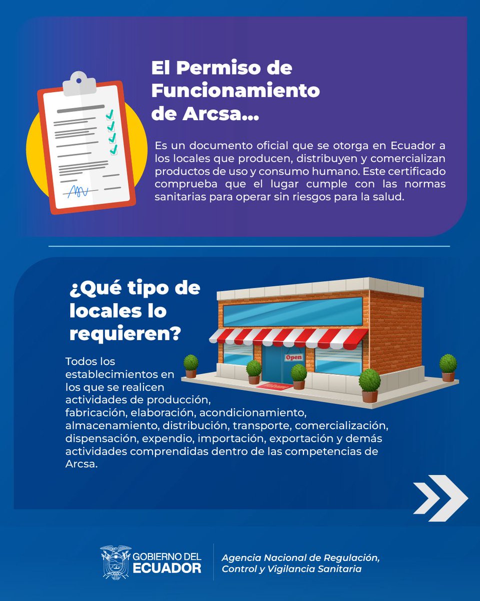 Arcsa_Ec's tweet photo. ¡Para tu conocimiento, estos locales ahora necesitan permiso de funcionamiento! 📑

Revisa las actividades comerciales que requieren este documento oficial de #Arcsa, garantizando así el cumplimiento óptimo de las normas sanitarias en sus operaciones.

#GobiernoDelEcuador 🇪🇨 https://t.co/DQZWjOyj8A