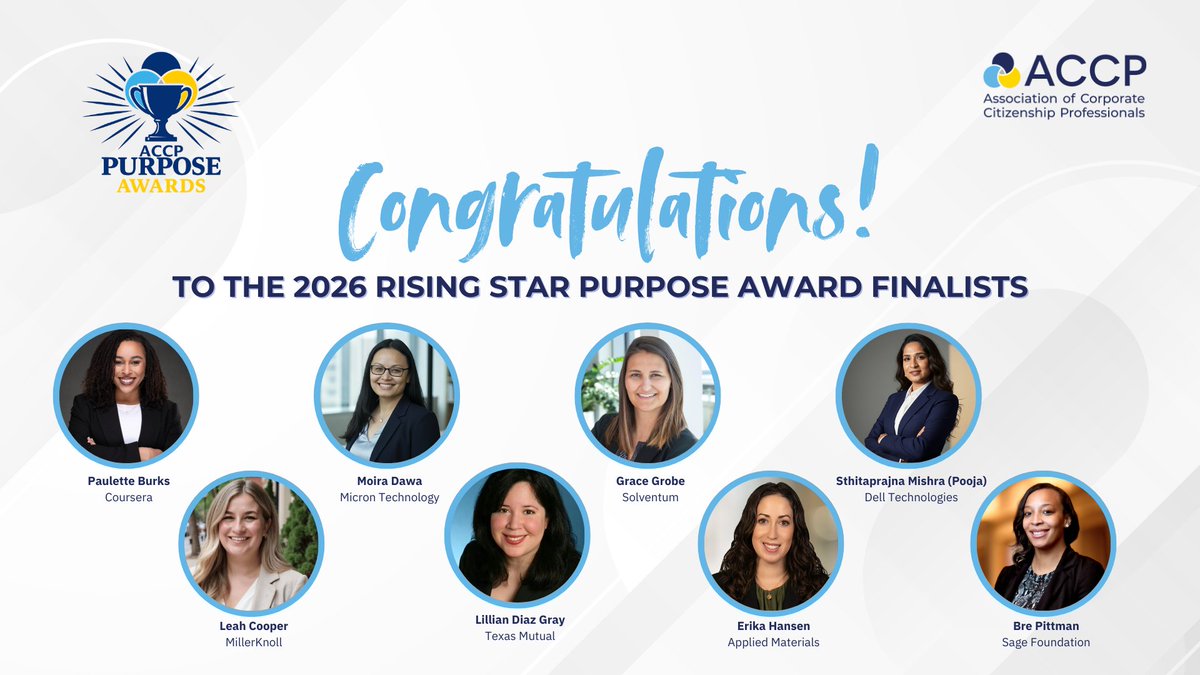 accprof's tweet photo. Congratulations to the 2026 ACCP Rising Star finalists! 🎉

This award celebrates mid-career social impact leaders driving real, measurable change — through vision, initiative, and follow-through.

#CSR #ACCP #RisingStar https://t.co/8NlW8phClf