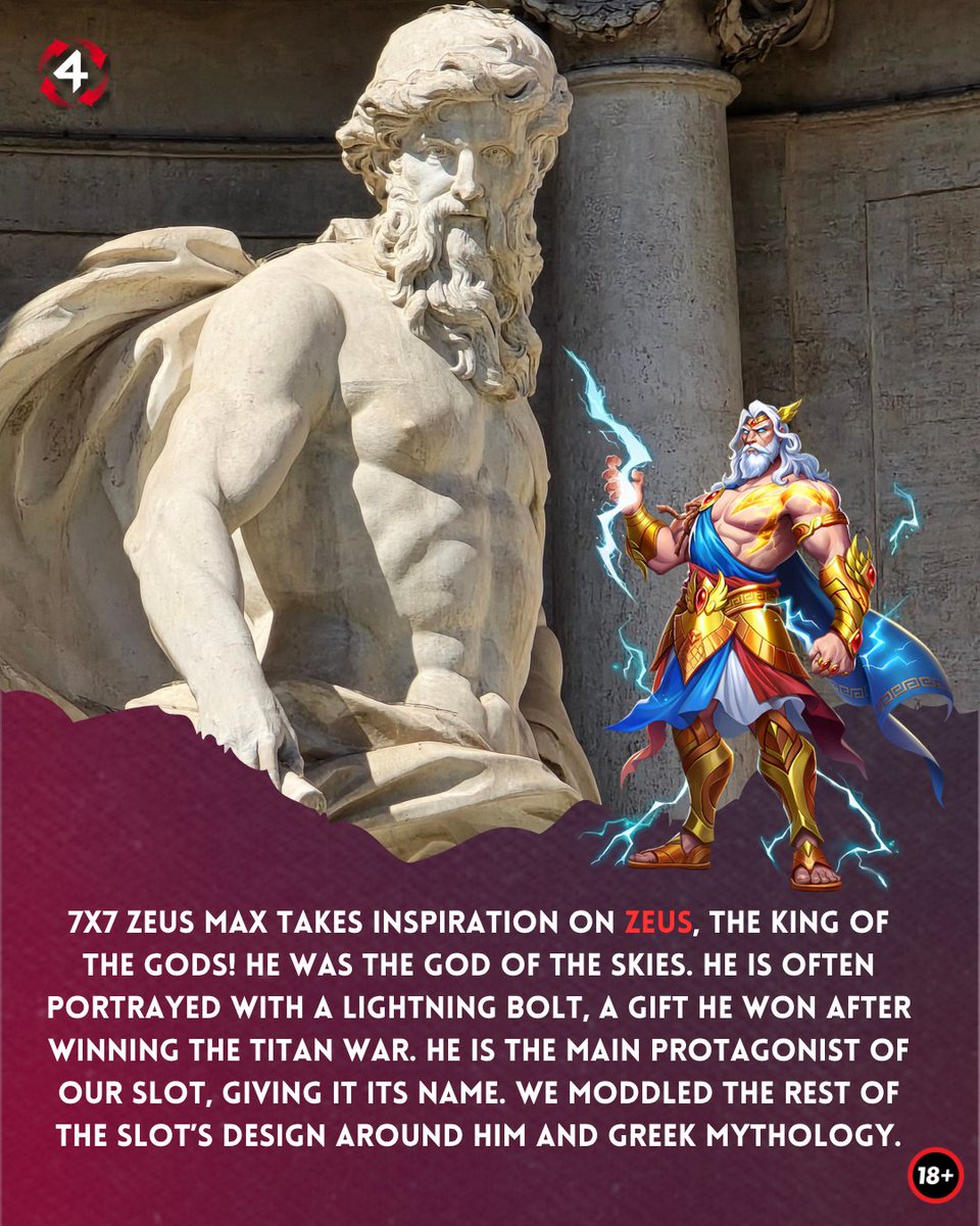 4ThePlayercom's tweet photo. Are you curious to see 𝘄𝗵𝗮𝘁 𝗶𝗻𝘀𝗽𝗶𝗿𝗲𝗱 the theme of 𝟳𝘅𝟳 𝗭𝗲𝘂𝘀 𝗠𝗮𝘅? ⚡🪙

Then swipe to learn a bit more about the most electrifying slot of the year 👉

🔞| https://t.co/B8bAZ5lxdY| Play Responsibly https://t.co/iiGwrK0Ogd