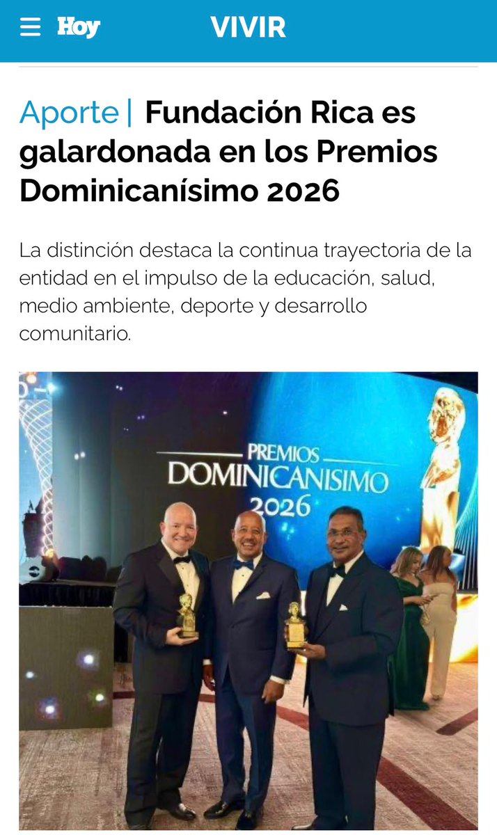 FundacionRica's tweet photo. Fundación Rica es galardonada en los Premios Dominicanísimo 2026 por su trayectoria y valioso aporte al desarrollo social de la República Dominicana.

Conoce todos los detalles en este artículo de @PeriodicoHoy 👇

Lee el artículo completo : 
https://t.co/RKymmkj37B https://t.co/dsnqOAtq9G