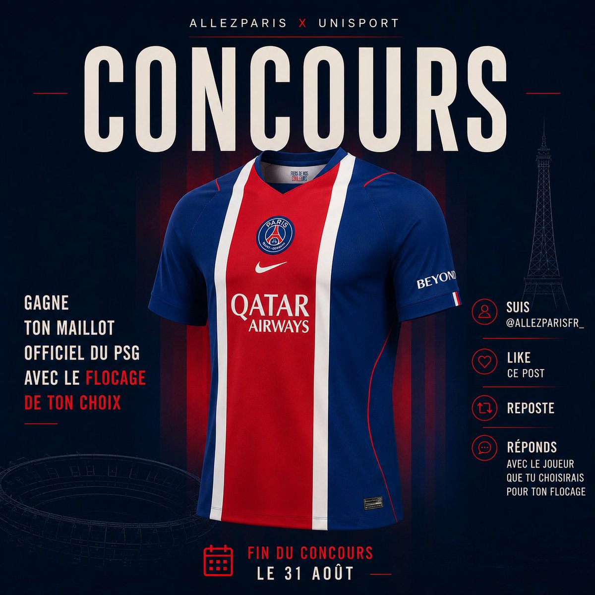 allezparisfr_'s tweet photo. 🎁 CONCOURS - GAGNE TON MAILLOT DU PSG ! 🔴🔵 #TeamPSG

AllezParis et Unisport vous font gagner le nouveau maillot officiel du PSG avec le flocage de votre choix ! 👕

Pour participer :

1️⃣ Suivre @allezparisfr_ 
2️⃣ ❤️ Likez et 🔄 repartagez ce post
3️⃣ 💬 Répondre avec le joueur que vous choisiriez pour votre flocage

🍀 Tirage au sort le 31/08 !

Bonne chance à tous ! 🍀🔴🔵

#PSG #ParisSG #concours
